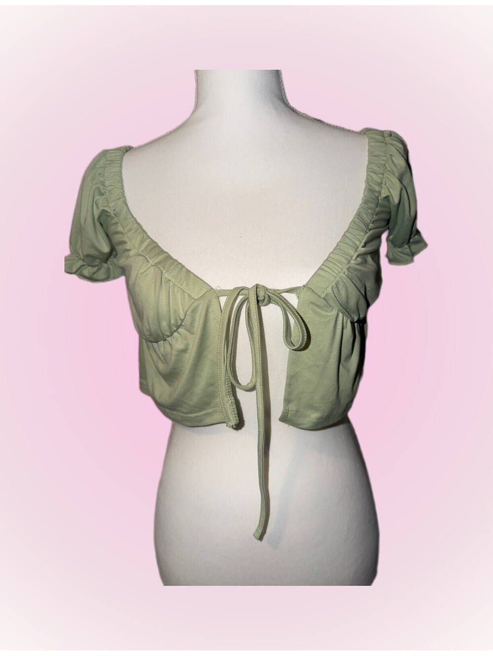 Womens Size XS Extra Small Green Tie Front Cropped Top | Ruffle Sleeves